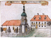 Kościół parafialny na Psim Polu. Rysunek F.B. Wernera, 1762-68 (BU Rps Wrocław)